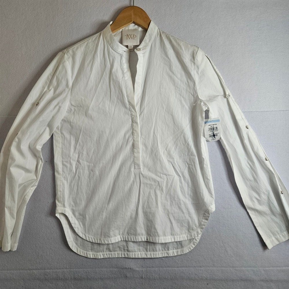 TWP White Cotton Poplin Band Collar Tunic Top Long Sleeve USA Made XS